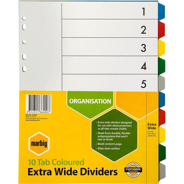 Marbig Extra Wide Divider Pp 10-Tab A4 Assorted 36200 - SuperOffice