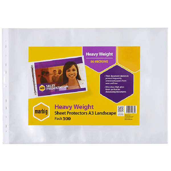 Marbig Heavy Duty Sheet Protectors Landscape A3 Pack 100 25111 (Pack 100) - SuperOffice