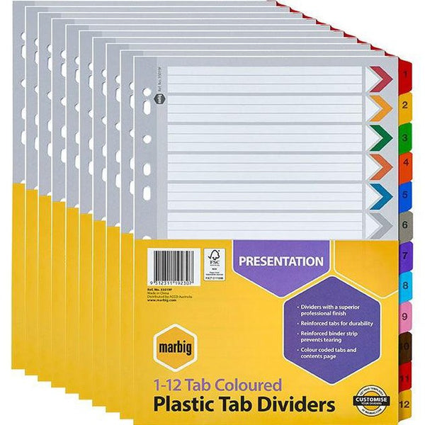 Marbig Index Divider Manilla 1-12 Numbers Tab A4 Assorted Pack 10 35019F - SuperOffice