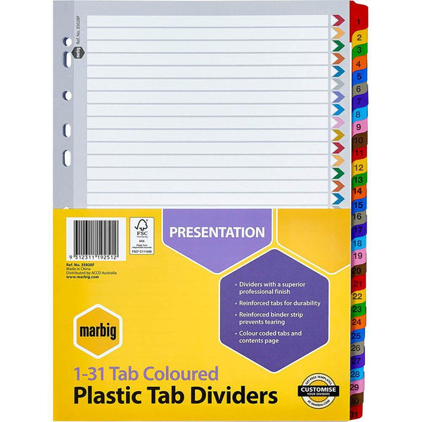 Marbig Index Divider Manilla 1-31 Tab A4 Assorted 35028F - SuperOffice
