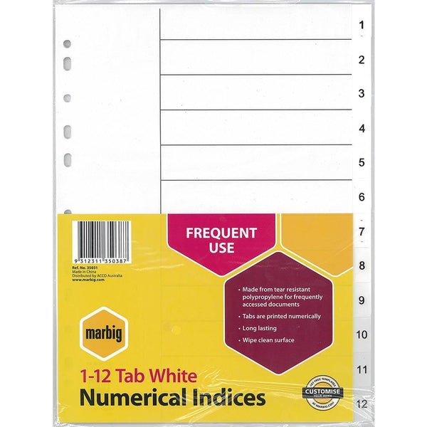 Marbig Index Divider Pp 1-12 Tab A4 White 35031 - SuperOffice