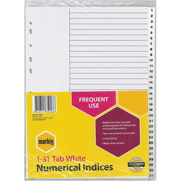 Marbig Index Divider Pp 1-31 Tab A4 White 35041 - SuperOffice