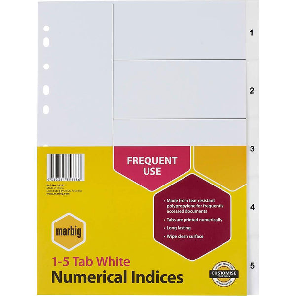 Marbig Index Divider Pp 1-5 Tab A4 White 35101 - SuperOffice