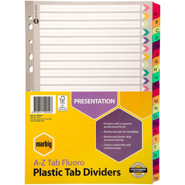 Marbig Index Divider Reinforced Manilla A-Z Tab A4 Fluoro Assorted 36024F - SuperOffice