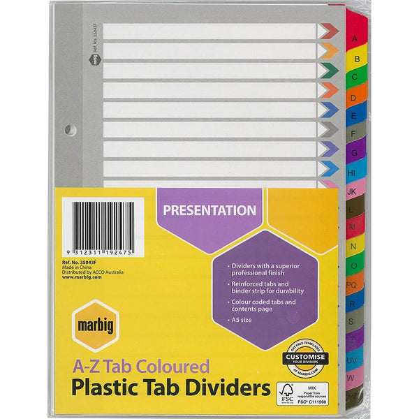 Marbig Index Divider Reinforced Manilla A-Z Tab A5 Assorted 35043F - SuperOffice