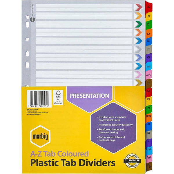 Marbig Index Dividers A-Z Tab Reinforced A4 Assorted 35024F - SuperOffice