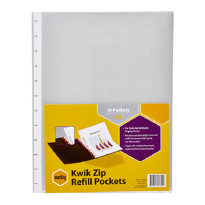 Marbig Kwik Zip Display Book Refills Sleeves A4 Clear Pack 10 206000 - SuperOffice