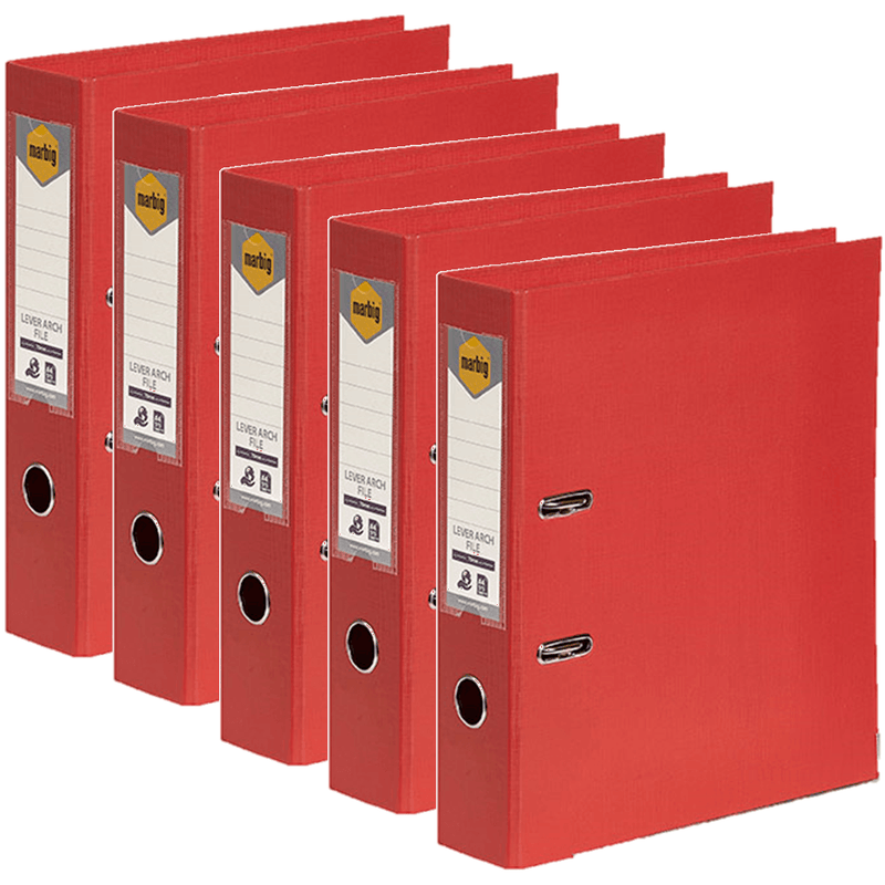 Marbig Lever Arch File Folder A4 Bright Red Linen Design 5 Pack 6601003 (5 Pack) - SuperOffice