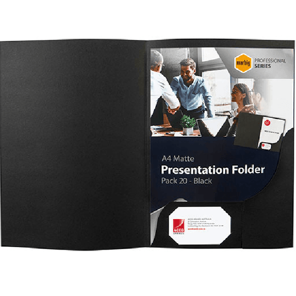 Marbig Presentation Folders A4 Matte Black Pack 100 1106302 (5 Packs of 20) - SuperOffice