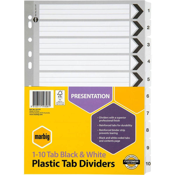 Marbig Reinforced Index Divider 1-10 Tab A4 Black/White 35117F - SuperOffice