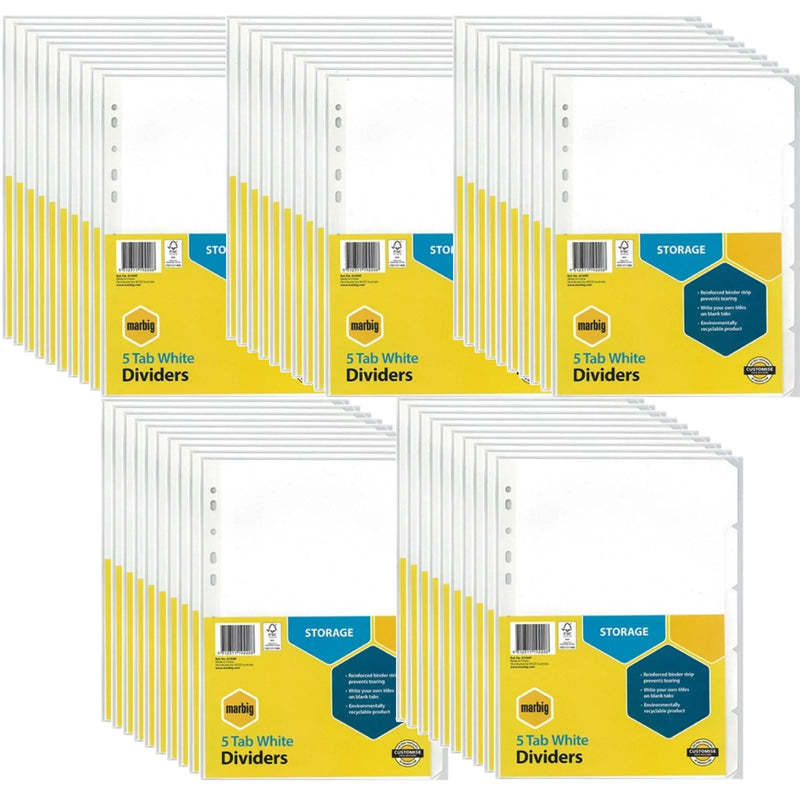 Marbig Tab Dividers Manilla 5-Tab A4 White 50 Pack 37300F (50 Pack) - SuperOffice