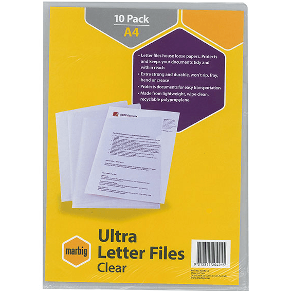 Marbig Ultra Letter Files Heavy Duty A4 Clear Pack 100 BULK 2004212 (10 Pack of 10) - SuperOffice