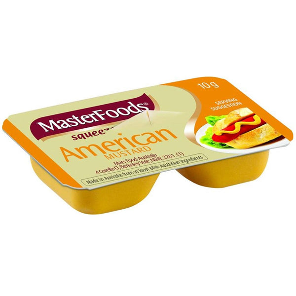 Masterfoods American Mustard Sauce Squeezy Individual Portions 10g 100 Carton Squeeze Bulk Box 156730(Mustard) - SuperOffice