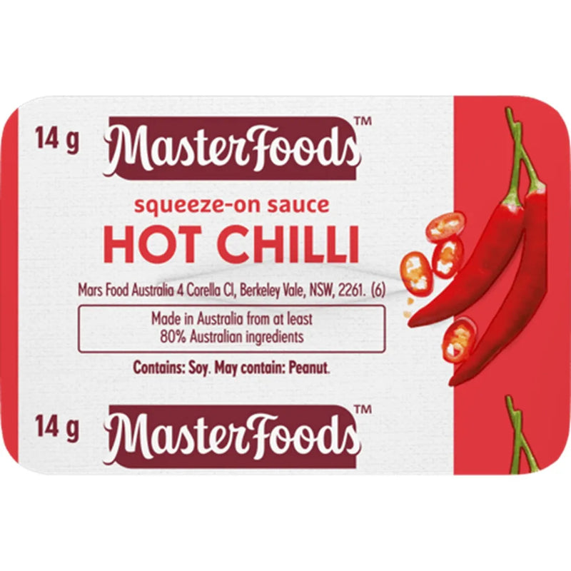 Masterfoods Hot Chilli Sauce Squeeze-On Individual Portions Squeezy 14g 100 Pack Carton Bulk Box 214101 - SuperOffice