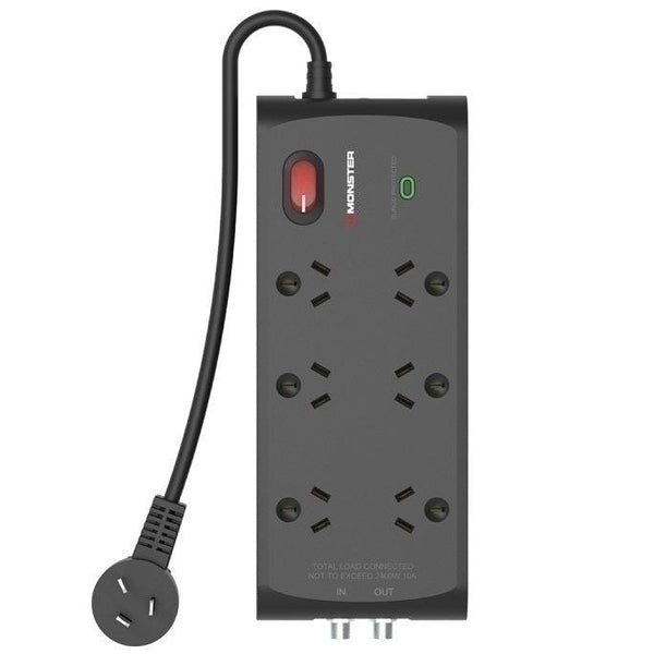 Monster 6 Socket Surge Protection Powerboard with F-Type Connectors MT-FPSP6700RFB - SuperOffice