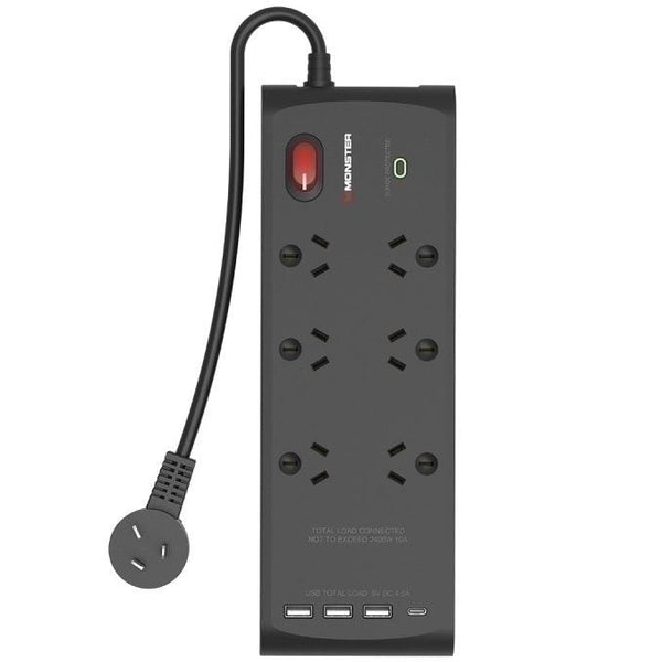 Monster 6 Socket Surge Protection Powerboard with USB-C & USB-A Ports MT-FPSP6700UB - SuperOffice