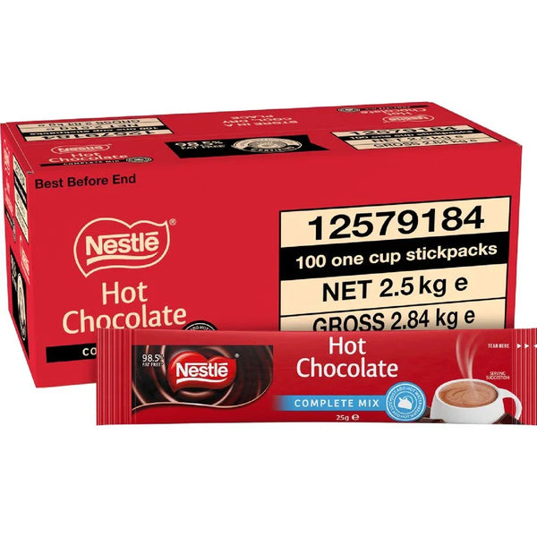 Nestle Complete Mix Hot Chocolate Individual Stick Sachets Portions 25g 100 Carton Bulk Box 12579184 - SuperOffice