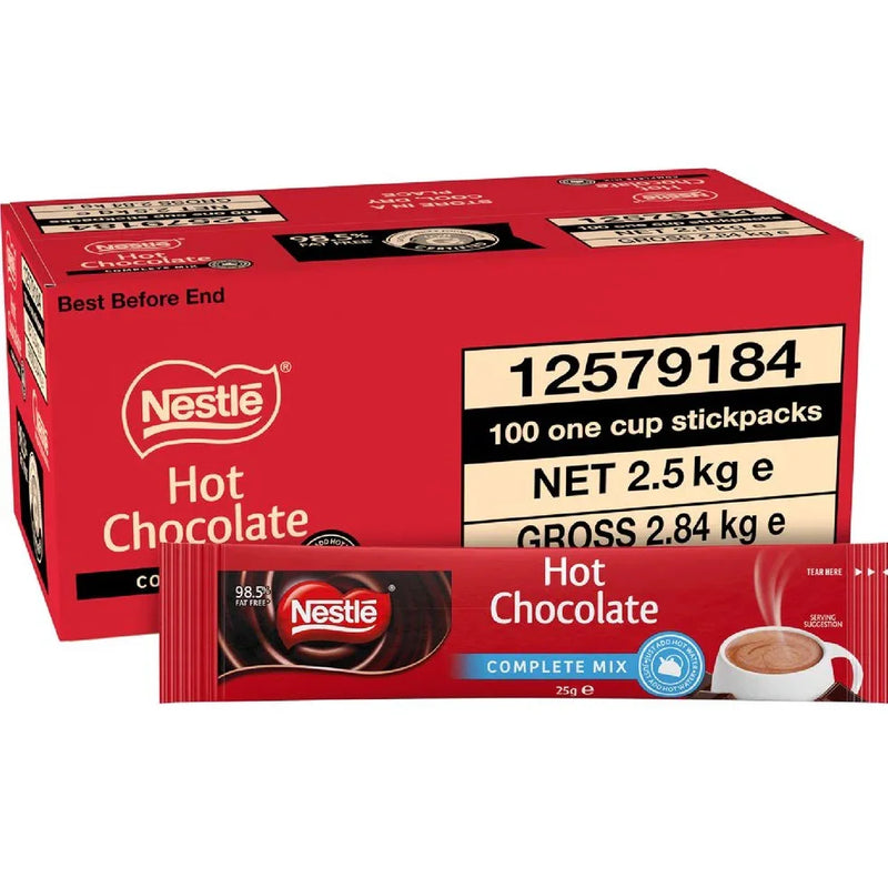 Nestle Complete Mix Hot Chocolate Individual Stick Sachets Portions 25g 100 Carton Bulk Box 12579184 - SuperOffice