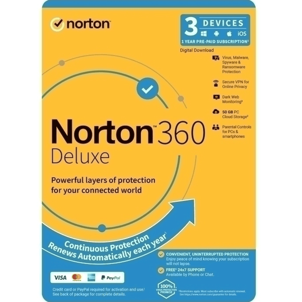 Norton 360 Anti-Virus Deluxe Protection - 1 User 3 Devices 1 Year Subscription CD DVD ROM 21432818 - SuperOffice