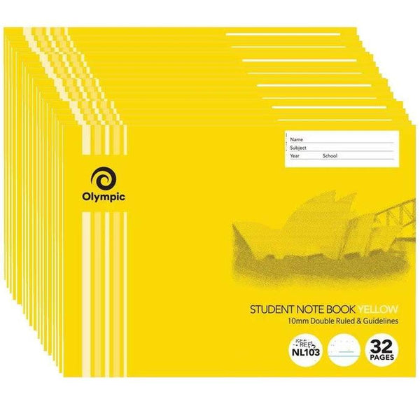 Olympic Notebook 175x240mm 55gsm 10mm Double Ruled Yellow Exercise Book 32 Page Pack of 20 197735 - SuperOffice