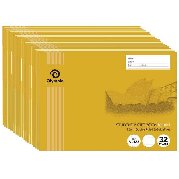 Olympic Notebook 175x240mm 55gsm 12mm Double Ruled Khaki Exercise Book 32 Page Pack of 20 197736 - SuperOffice