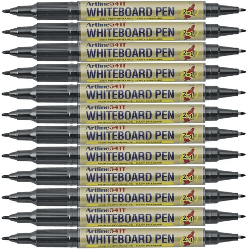 Pack 12 Artline 541T Dual Nib Fine Whiteboard Pen Marker 0.4mm/1mm Bullet Black 154161 (12 Pack) - SuperOffice