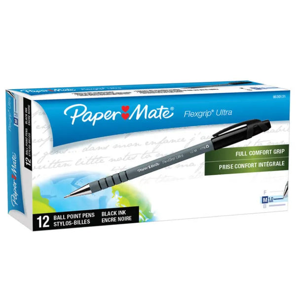 Papermate Flex Grip Stick BallPoint 1.0mm Medium Pen Black Box 12 9630131 - SuperOffice