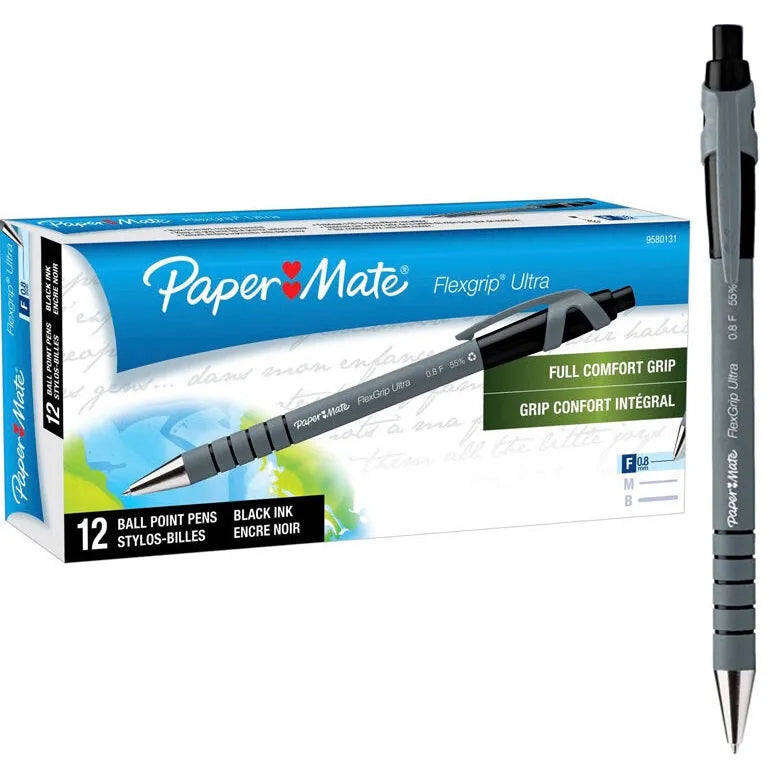 Papermate Flexgrip Retractable Ballpoint Pen Fine 0.8mm Black Box 12 9580131 (Box 12) - SuperOffice