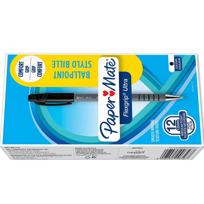 Papermate Flexgrip Ultra Ballpoint Pen Medium Nib Cap Black Box 12 9630131 (Box 12) Medium Black Capped - SuperOffice