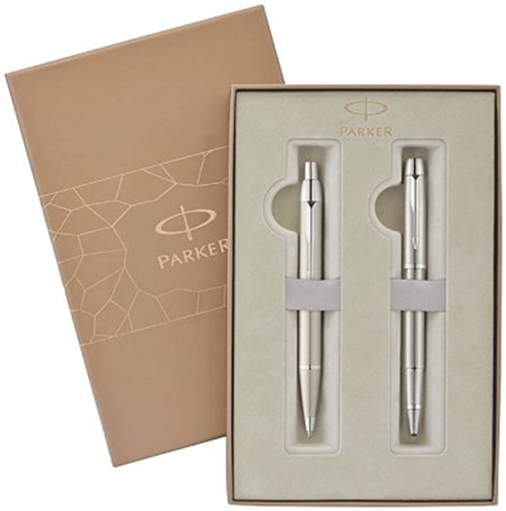 Parker IM Premium Brushed Stainless Steel Chrome Silver Trim Ballpoint + Rollerball Pen Gift Box Set 5121832 - SuperOffice
