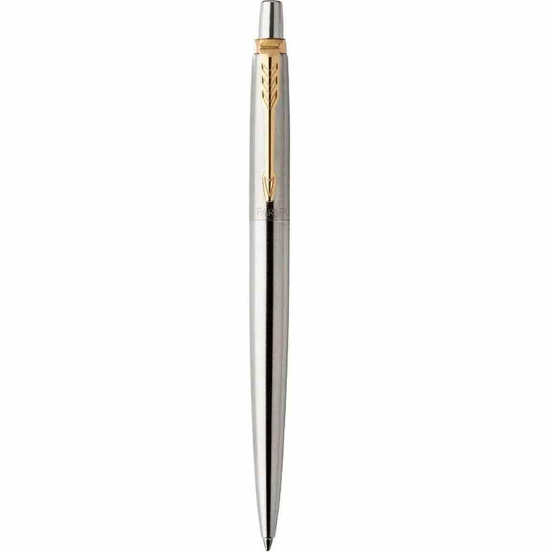 Parker Jotter Ballpoint Pen Stainless Steel Gold Trim Medium Nib Blue 1953206 - SuperOffice