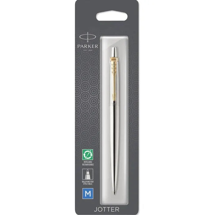 Parker Jotter Ballpoint Pen Stainless Steel Gold Trim Medium Nib Blue 1953206 - SuperOffice