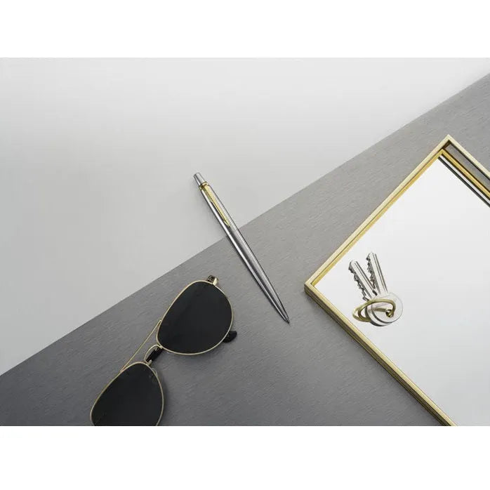 Parker Jotter Ballpoint Pen Stainless Steel Gold Trim Medium Nib Blue 1953206 - SuperOffice