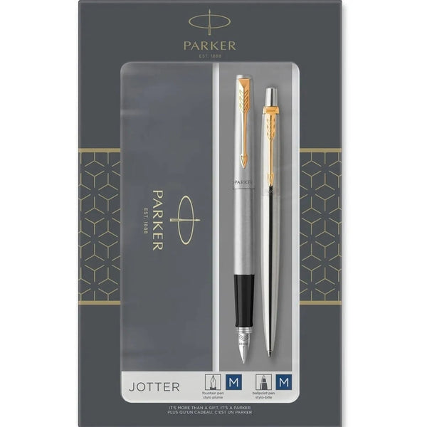 Parker Jotter Fountain Pen Ballpoint Duo Gift Set Stainless Steel Gold Trim 2093257 - SuperOffice