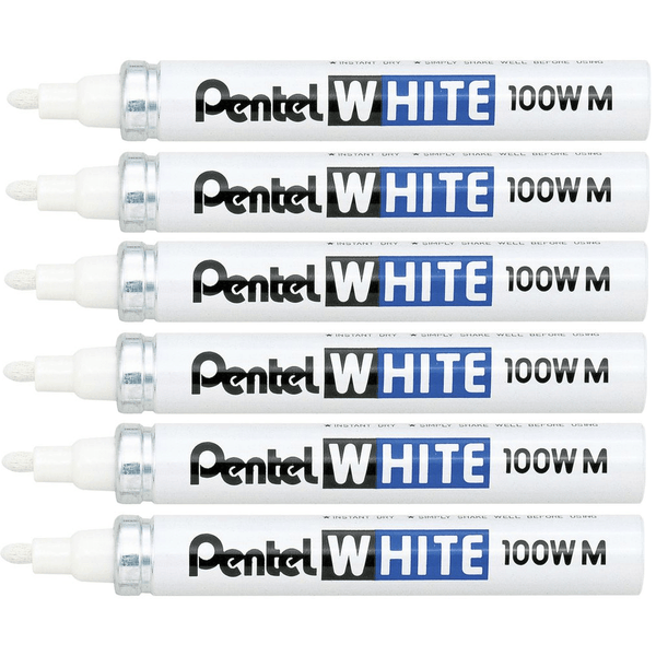 Pentel 100W M Permanent Marker Medium Bullet White Pack 6 X100W-M (6 Pack) - SuperOffice