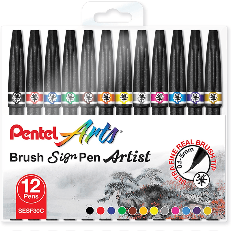 Pentel Arts Brush Sign Pen Artist Ink Dye Pack 12 Wallet Set SESF30C-12 - SuperOffice