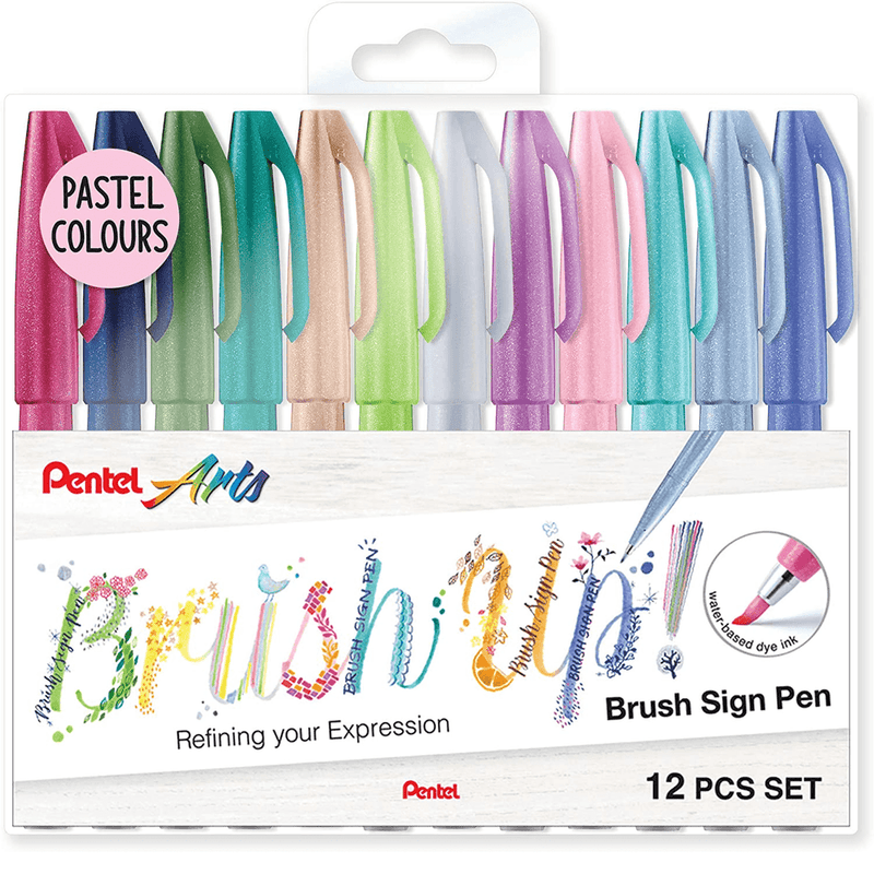 Pentel Arts Marker Brush Sign Pen Pastel Colours Pack 12 Wallet Set SES15C12AST2 (Pastel) - SuperOffice