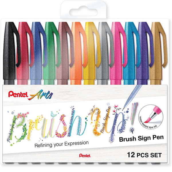 Pentel Arts Marker Brush Sign Pen Standard Colours Pack 12 Wallet Set SES15C12AST1 (Standard) - SuperOffice