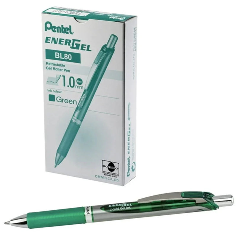 Pentel BL80 Energel Retractable Gel Ink Pens 1.0mm Green Box 12 BL80-D (Box 12) - SuperOffice