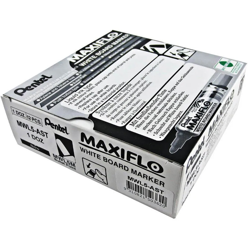 Pentel Maxiflo Whiteboard Marker Bullet Point 2.1mm Assorted Colours Box 12 MWL5-AST - SuperOffice