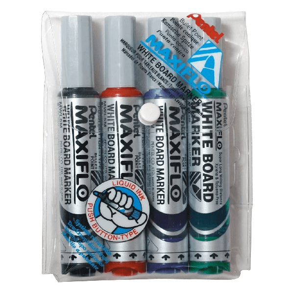 Pentel Maxiflo Whiteboard Marker Bullet Point 2.1mm Assorted Colours Set 4 MWL5-4 - SuperOffice