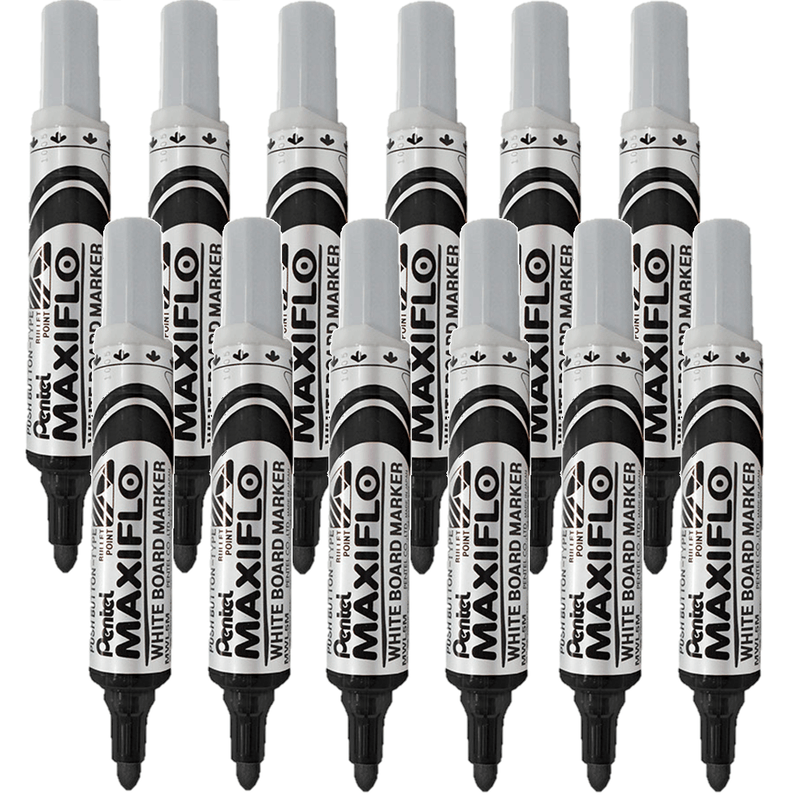 Pentel Maxiflo Whiteboard Marker Bullet Point Tip 2.1mm Black Box 12 MWL5-A (Box 12) - SuperOffice