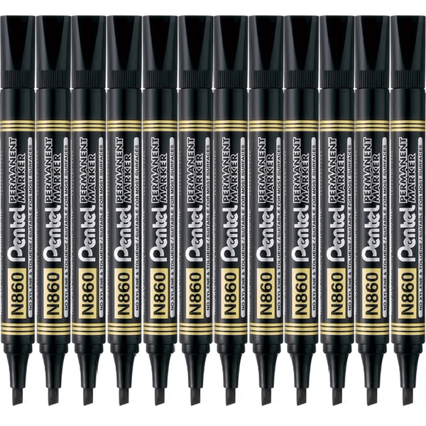 Pentel N860 Permanent Marker Chisel Tip Point Black Box 12 N860-A - SuperOffice