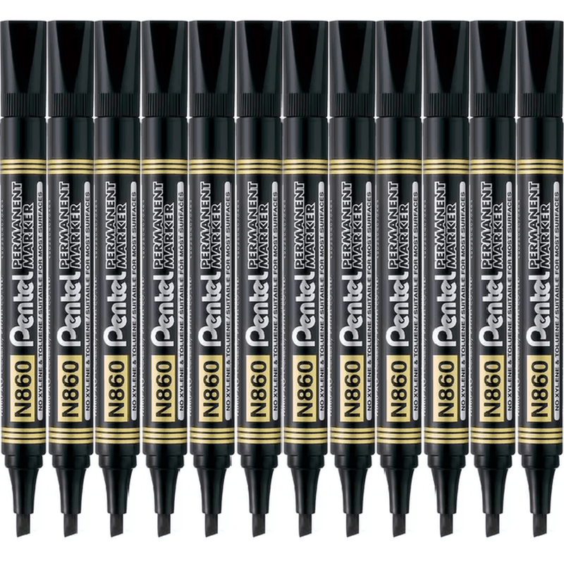 Pentel N860 Permanent Marker Chisel Tip Point Black Box 12 N860-A - SuperOffice