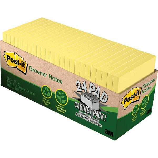 Post-it 3M Greener Note 100% Recycled 76 x 76mm Canary Yellow Pack 24 70005054468 - SuperOffice
