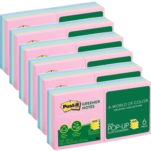 Post-It 6 Packs Greener Pop-Up Notes Pastel Helsinki 76x76mm 6 Pack Pads 70007053294 (6 Pack) - SuperOffice