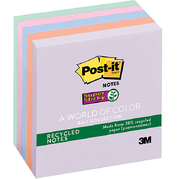 Post-It Notes Recycled Super Sticky 76x76mm Bali Pastel Colours Pack 5 Pads 70005250496 (1 Pack of 5 Pads) - SuperOffice