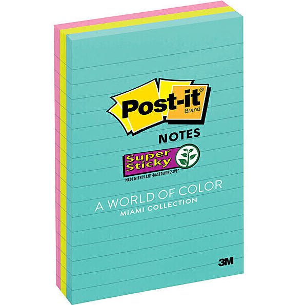 Post-It Super Sticky Lined Ruled Notes 100x148mm Miami Pack 3 Pads 70007053427 - SuperOffice
