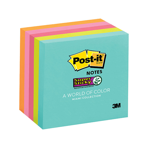 Post-It Super Sticky Notes 76x76mm Miami Bright Colours Square 5 Pads Assorted 70005287027 (1 Pack) - SuperOffice