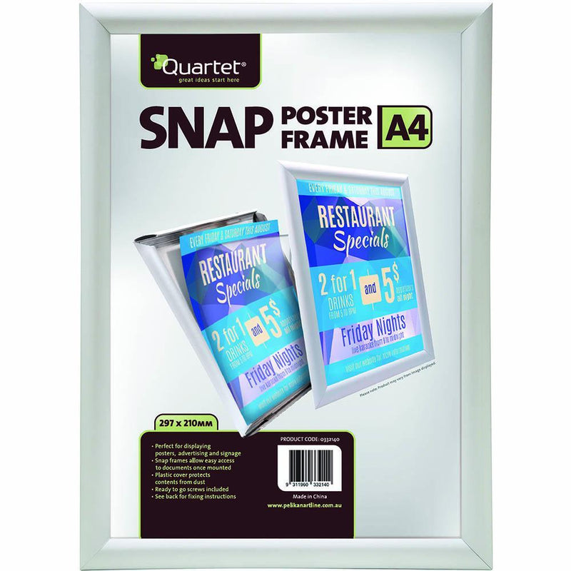 Quartet Instant Poster Snap Frame A4 Wall Mount Silver Border Aluminium 332140 - SuperOffice